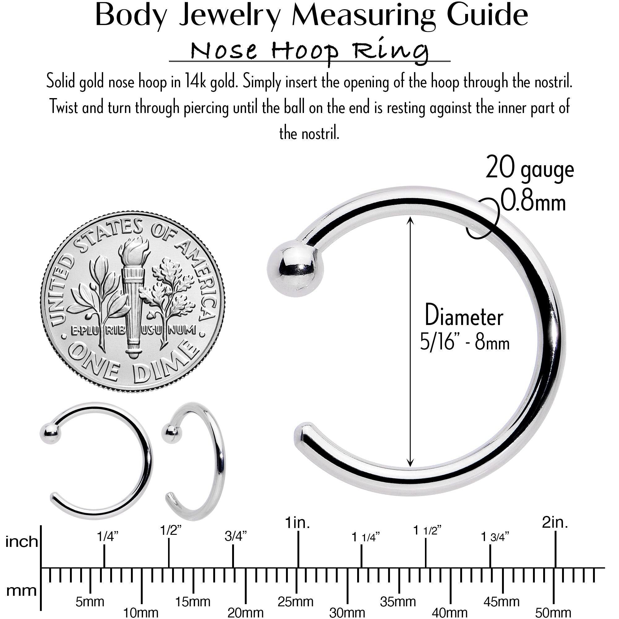 Pale Moon Nose Hoop – 20G Solid 14K White Gold
