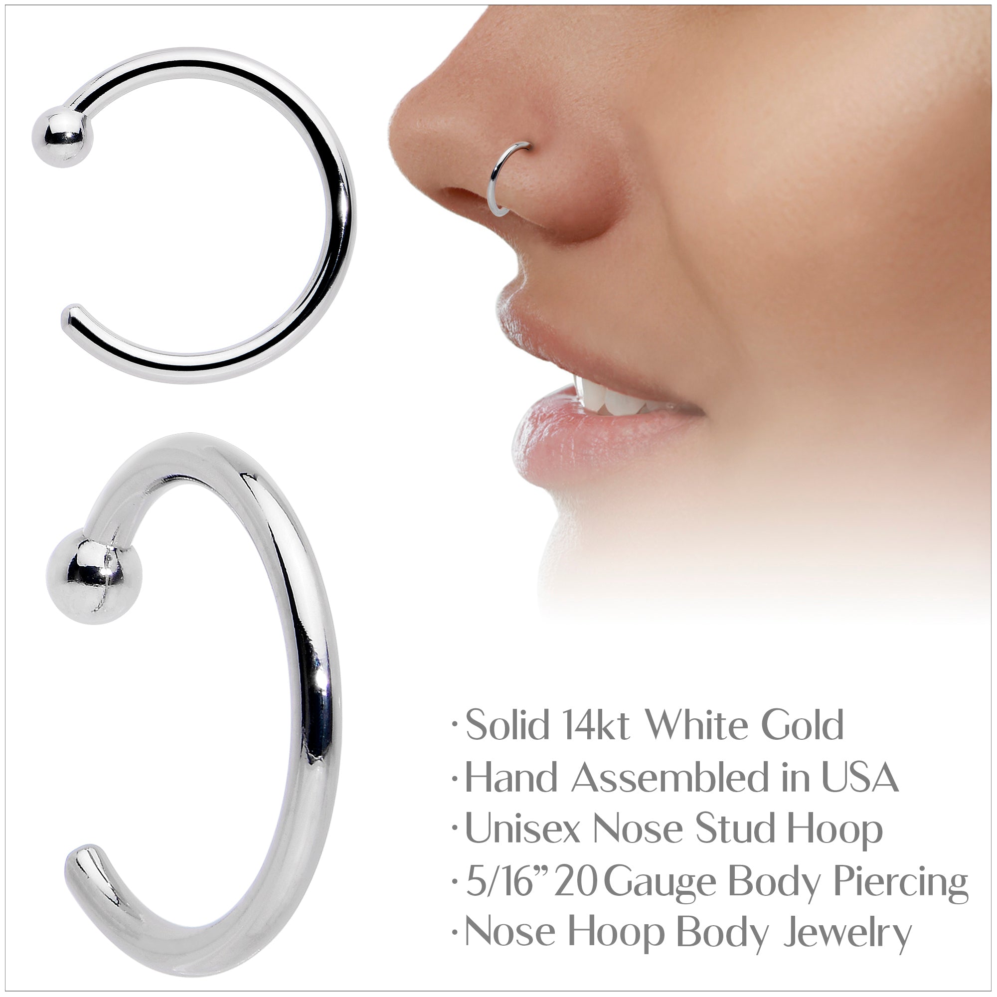 Pale Moon Nose Hoop – 20G Solid 14K White Gold